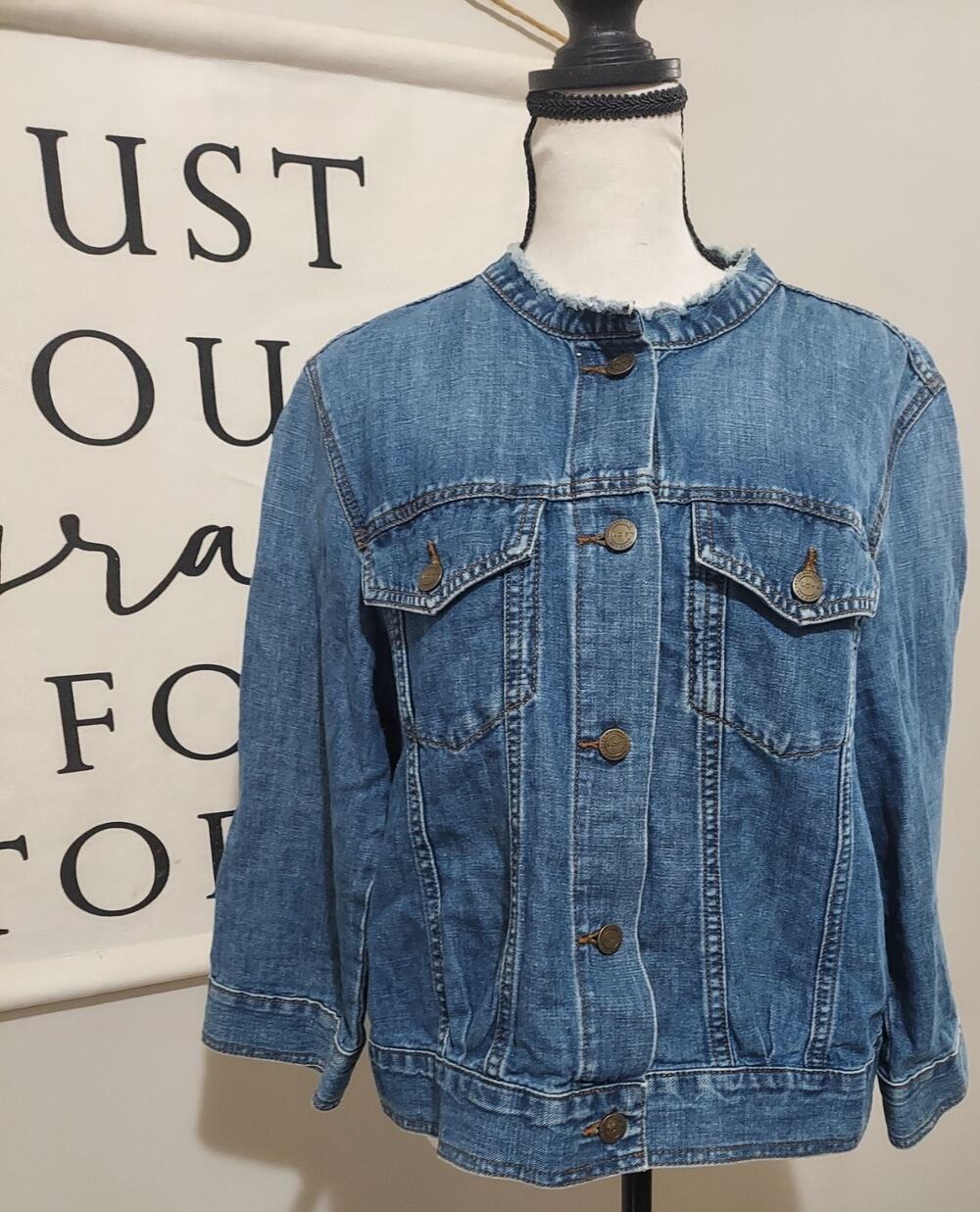 LOFT Made and Loved Collarless Frayed Denim Jacket Blue Cotton Linen Blend Sz L